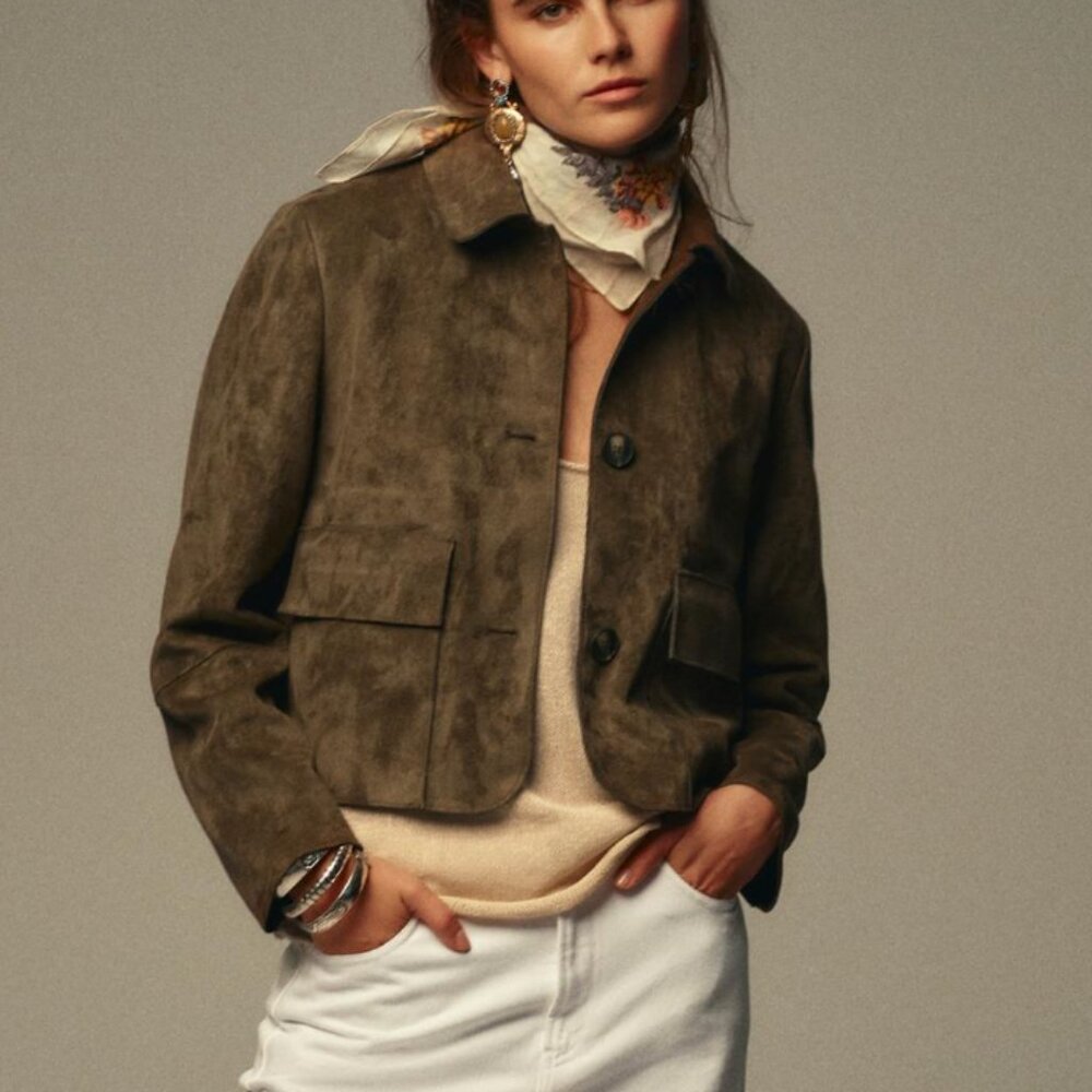 Zara Short Faux Suede Jacket, Khaki, Size M - Picture 4 of 8